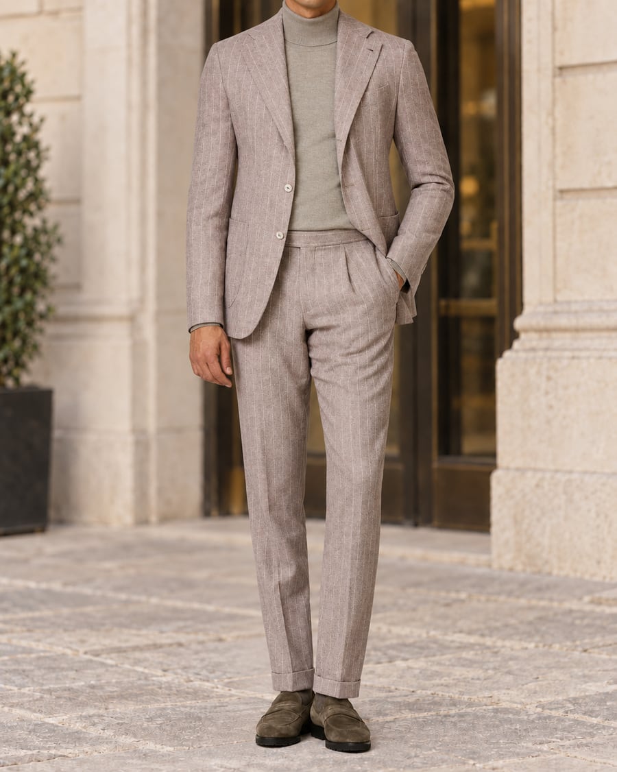 Anzug aus Alpaka-Wolle mit Nadelstreifen in Pale Pink, getragen mit Rollkragenpullover