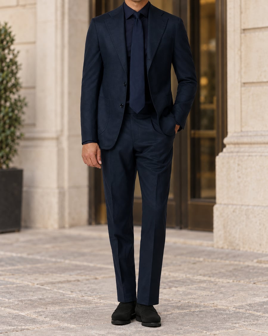 Anzug aus Flanell in Navy Blue, getragen mit dunkelblauem Hemd und Krawatte