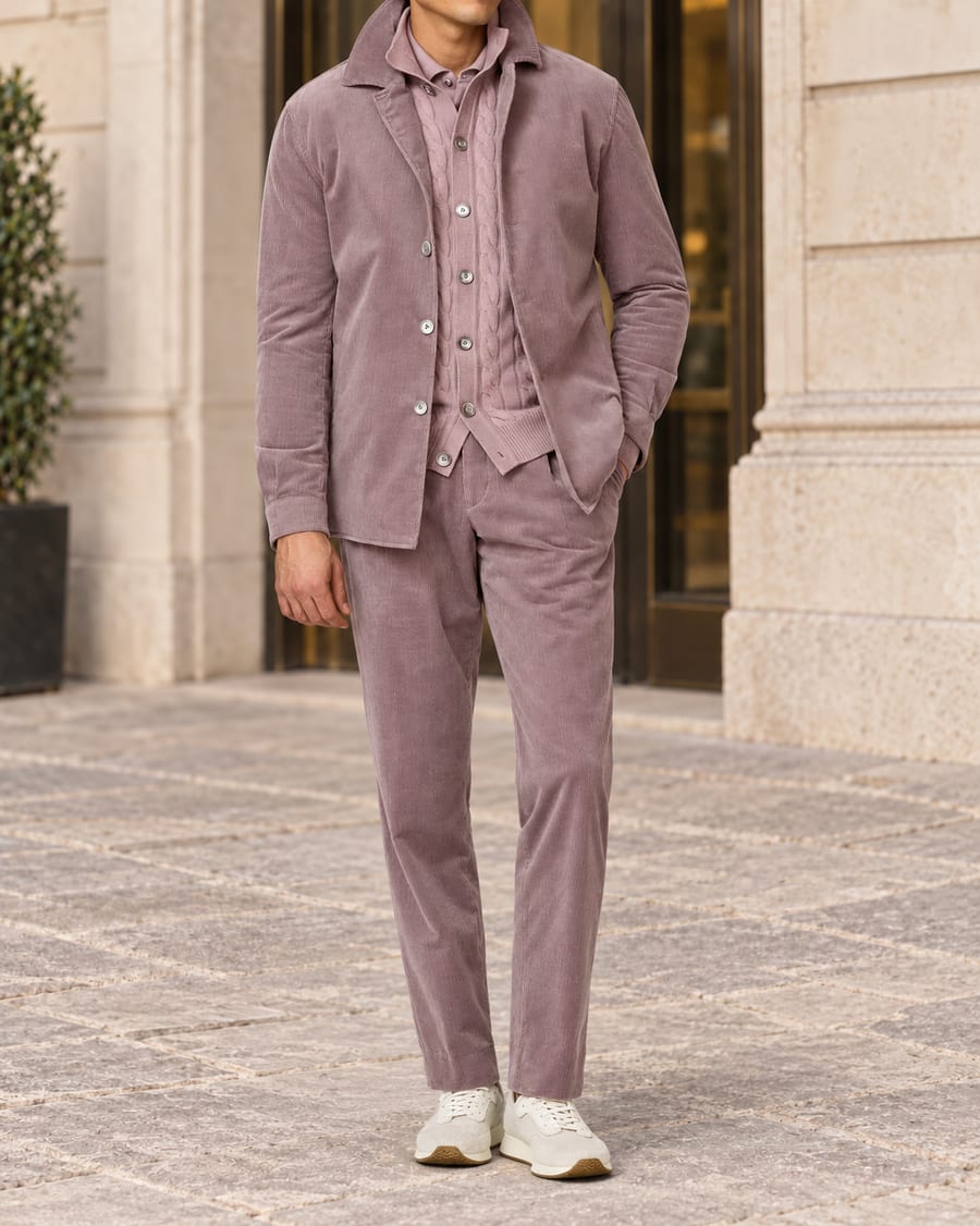 Hemdjacke und Hose aus Stretch-Cord in Mauve, getragen mit Strickjacke und Hemd