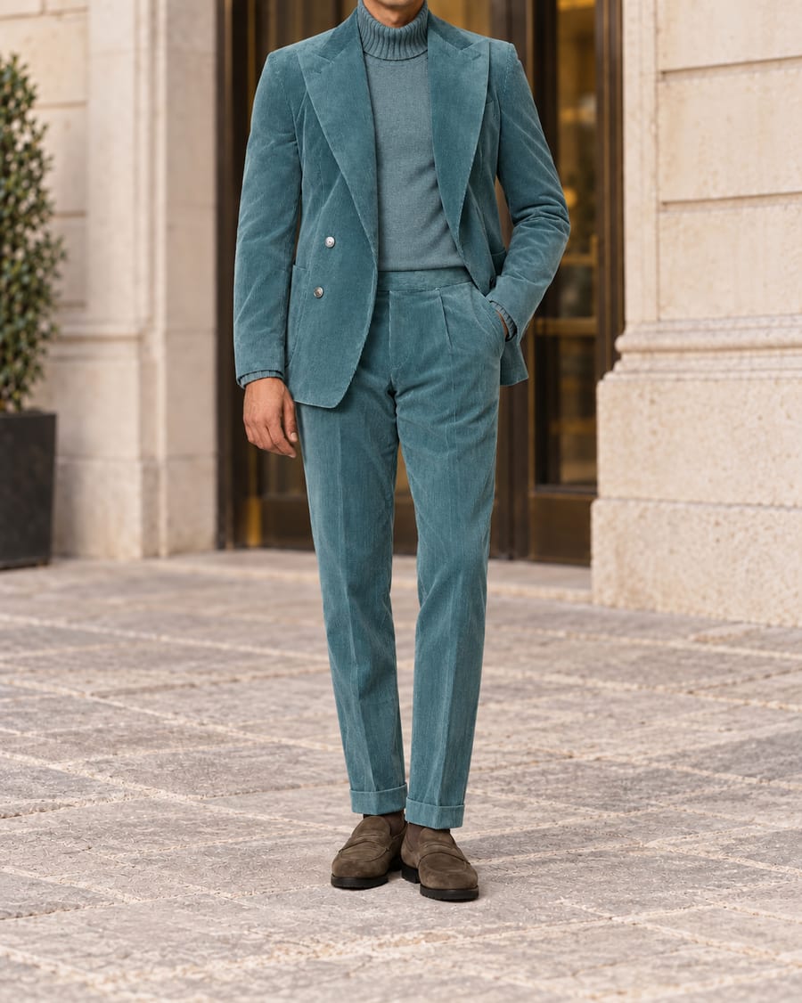 Zweireihiger Anzug aus Stretch-Cord in Teal, getragen mit Rollkragenpullover