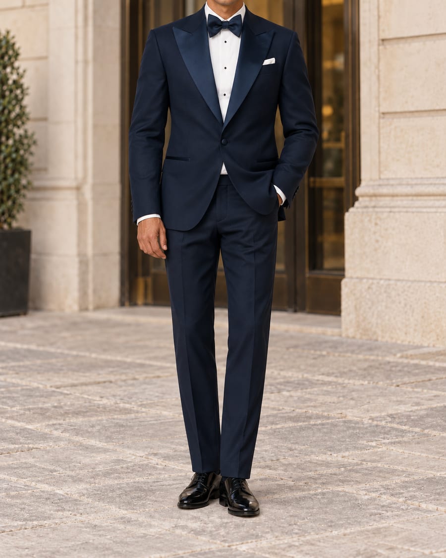 Smoking aus Stretch-Twill in Navy Blue mit Satinrevers, getragen mit weissem Hemd und Fliege