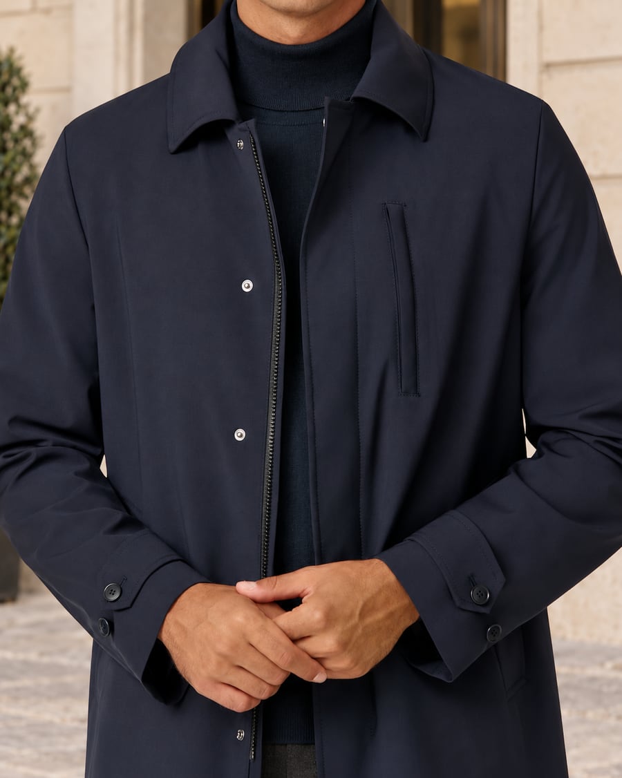 Mantel aus Stretch-Wollmischung in Midnight Blue mit Umlegekragen, getragen mit dunkelblauem Rollkragenpullover