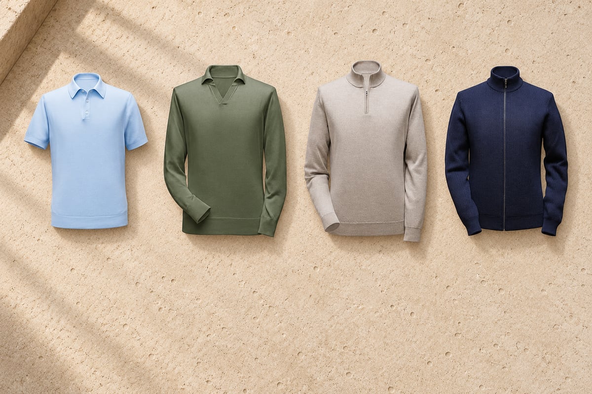 Strickpolo, Strick-Langarm-Polo und zwei Lupetto-Pullover aus der Ready-to-Wear-Kollektion von LECIANO auf hellem Naturstein