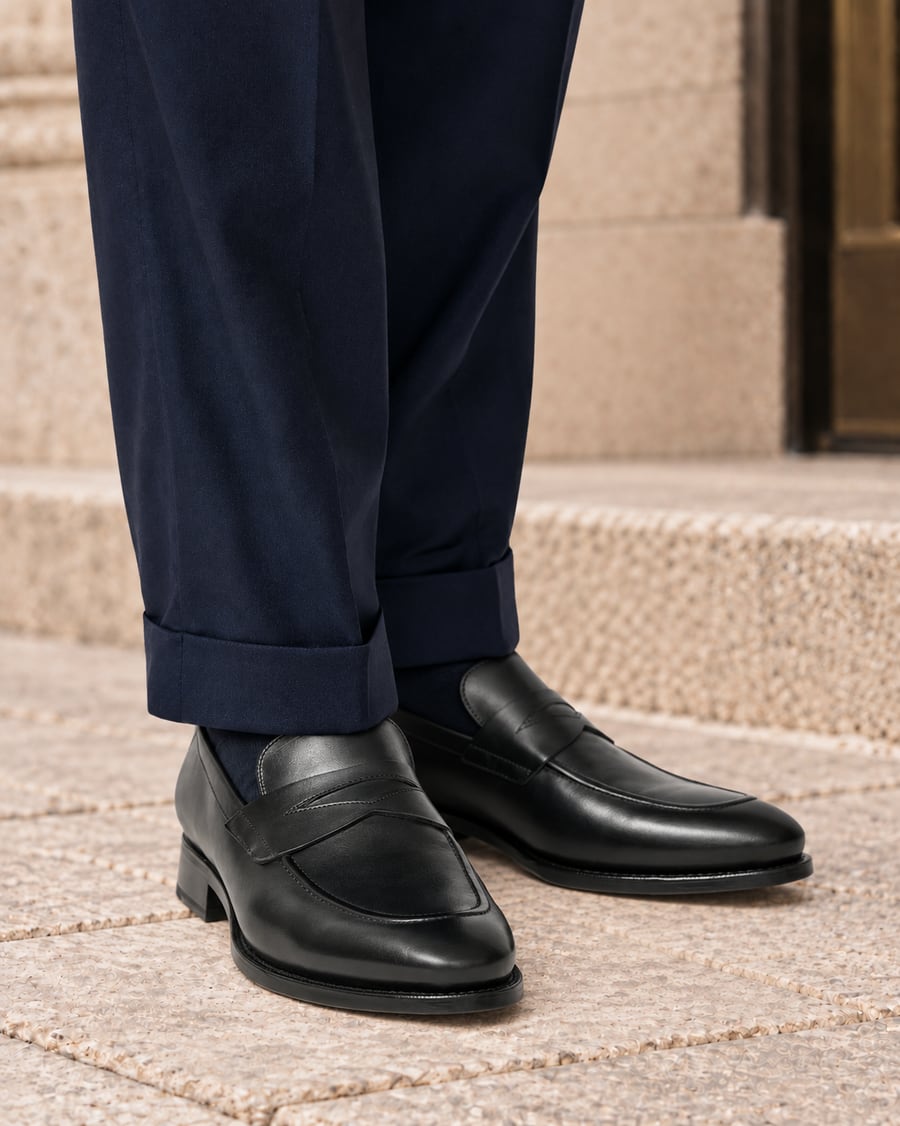 Schwarze Penny-Loafer aus Box Calf zu dunkelblauer Hose mit Umschlag