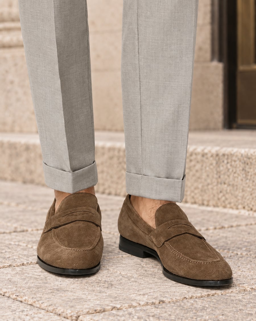 Penny-Loafer aus Wildleder in Taupe zu hellgrauer Hose mit Umschlag